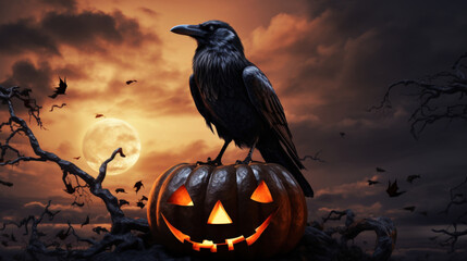 Wall Mural - crow on top of a Halloween pumpkin evoking a terrifying nighttime in a cloudy sky with a big moon, and bats flying, 