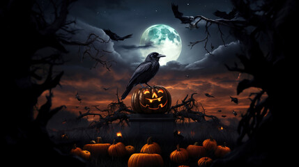 Wall Mural - crow on top of a Halloween pumpkin evoking a terrifying nighttime in a cloudy sky with a big moon, and bats flying, 