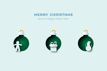 Aufkleber - Gingerbread Man, Gift Box and Snowman on Christmas ball. Winter and Merry christmas element in paper cut style. Vector illustration.