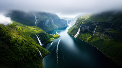 Sticker - Aerial view of a fjord with steep green mountains, waterfalls, and boats creating trails in deep blue water under an overcast sky.