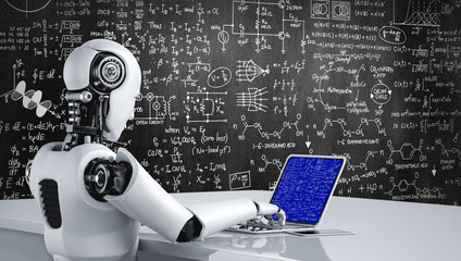 Poster - mathematic equations and modish formula on computer screen showing concept of science and education