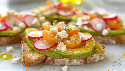 Poster - Close up of a sandwich with avocado, radishes, and tomatoes, showcasing delicious ingredients