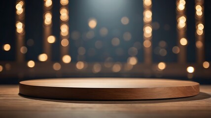 Wall Mural - Round gold podium on wooden table with bokeh background.