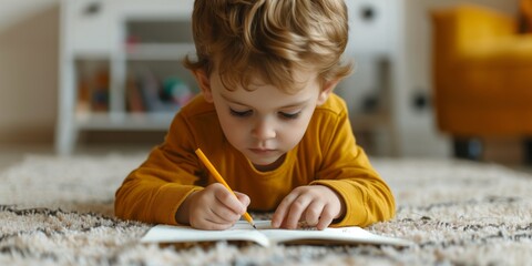 A young boy lies on the carpet, drawing with a yellow pencil in an open notebook