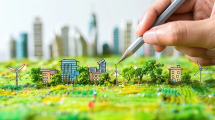 Wall Mural - A person is drawing a cityscape with houses and windmills