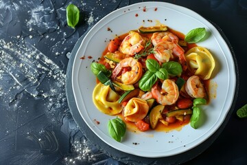 Wall Mural - Tortellini with Shrimps, Small Zucchini Ragout Top View, Molecular Italian Dish with Seafood Ravioli