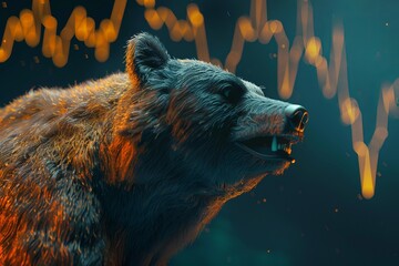 Poster - Bear is growling with a stock market chart in the background losing money