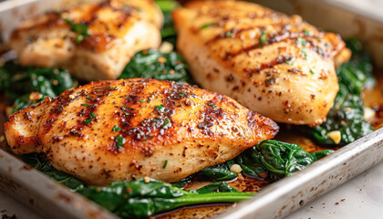 Poster - Grilled chicken with spinach and fines herbes seasoning. Enjoy the flavorful meal