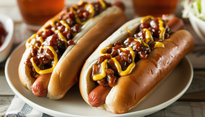 Poster - Placed on a white plate are two hot dogs garnished with chili sauce and mustard