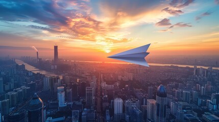 Poster - Paper Airplane Flying Over Cityscape During Sunrise