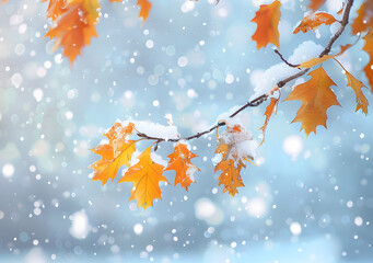 Canvas Print - Beautiful branch with orange and yellow leaves in late fall or early winter under the snow. First snow, snow flakes fall, gentle blurred romantic light blue background for design.