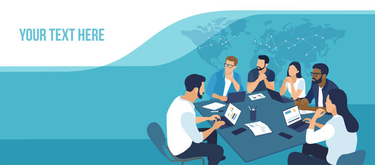 Wall Mural - Template. Global business. Business vector illustration. The team discusses in front of world map.