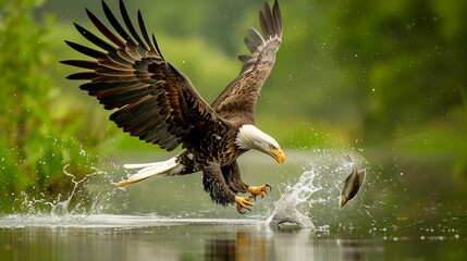 Wall Mural - A powerful bald eagle swoops down and catches a fish in the water. Perfect for nature enthusiasts and wildlife photographers