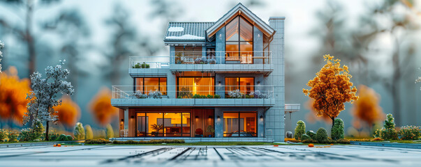 Poster - modern house construction on blueprints with autumn trees at dusk, concept design and architectural 
