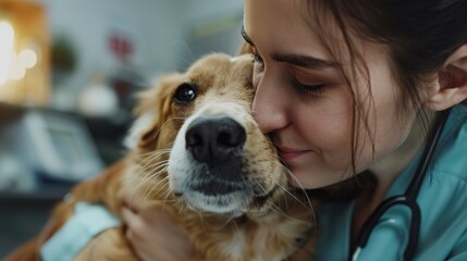 Canvas Print - A veterinary nurse comforting a nervous dog during a physical examination at a clinic