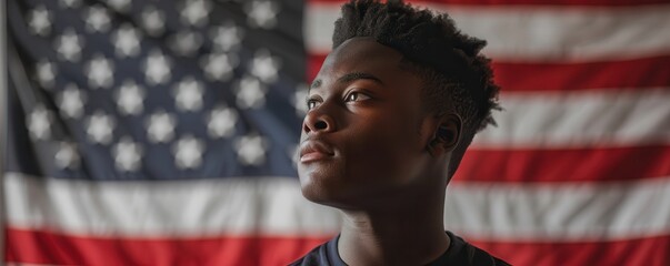 Sticker - Young Black male voter with American flag background. Free copy space for banner.