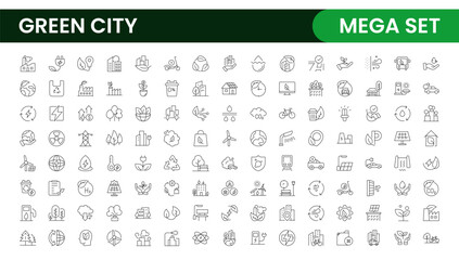 Line icons about green city. Sustainable development. Contains such icons as renewable energy, autonomous building, air and water quality.