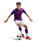 Hispanic soccer player dribbling a ball in purple jersey with isolated background
