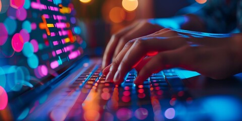 A close-up of a person's hands using a laptop keyboard, with a focus on the illuminated keys and digital screen display