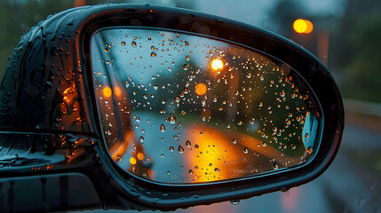 Wall Mural - It was raining, the car's side mirror was wet with rainwater, but it still reflected the road and the scenery behind. The mirror captures the image behind in detail.