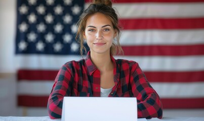 Young female voter standing in front of American flag. Free copy space for banner.