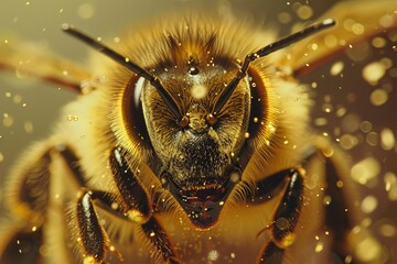 Wall Mural - Honey bee covered in pollen flying towards camera close up