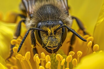 Wall Mural - Macro photography of a bumblebee with pollen on its fur searching for nectar in a bright yellow flower