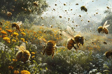 Wall Mural - Many bees flying over a field of orange and white flowers on a sunny day