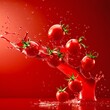 © Irina Ukrainets - Ripe red tomatoes splashing in mid-air surrounded by a vibrant red background. Captivating and dynamic, this vibrant food photography is perfect for marketing, ads, or culinary websites. AI