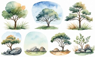 Wall Mural - Watercolor illustrations trees, bushes and rocks