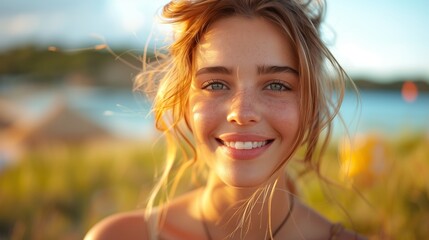 Poster - Smiling Woman With Blonde Hair At Sunset On A Beach