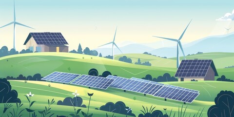Poster - Renewable energy concept with wind turbines and solar panels generating clean electricity in a rural landscape