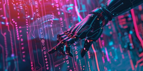 Poster - Artificial intelligence concept with a robot hand touching a digital interface with binary code and circuits