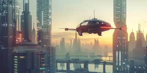 Poster - Future technology concept with a flying car soaring above futuristic skyscrapers in a city of tomorrow