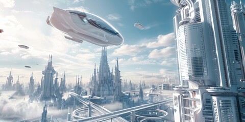 Poster - Future technology concept with a flying car soaring above futuristic skyscrapers in a city of tomorrow