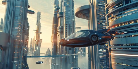 Poster - Future technology concept with a flying car soaring above futuristic skyscrapers in a city of tomorrow