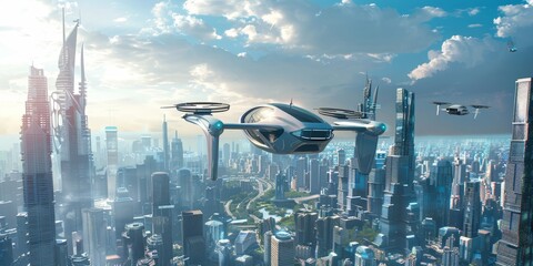 Poster - Future technology concept with a flying car soaring above futuristic skyscrapers in a city of tomorrow