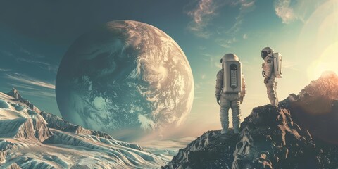 Poster - Space exploration concept with astronauts in spacesuits exploring the surface of an alien planet