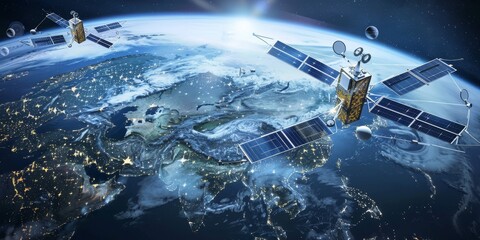 Poster - Global communication concept with a network of satellites orbiting Earth and connecting continents