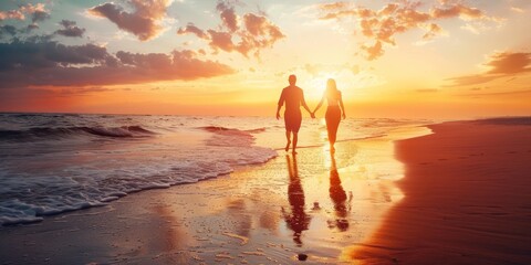Poster - Concept of love and romance with a couple holding hands and walking along a serene beach at sunset