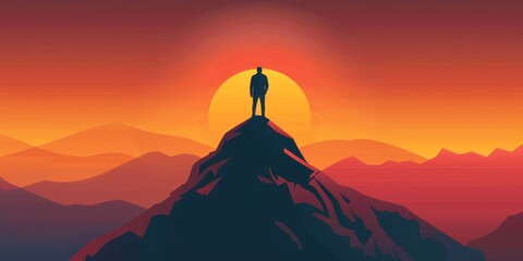 Aufkleber - Abstract concept of success with a businessman standing on top of a mountain peak, looking at the sunrise