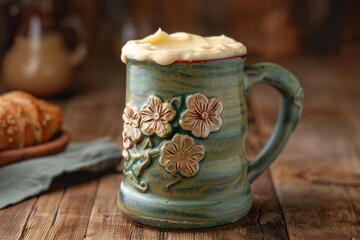 Wall Mural - Handmade ceramic beer mug overflowing with whipped cream sitting on rustic wooden table