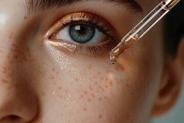 Image shows a close-up view of a person's face with visible skin texture and a dropper applying serum, highlighting the self-care skin treatment.