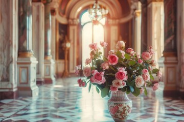 Wall Mural - Flowers in Old Castle Interior, Vintage Victorian Hall with Flower Vase, Luxury Hotel Lobby, Royal Villa