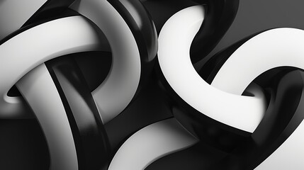 Abstract black and white tubes intertwine to create a complex three dimensional shape against a dark gray backdrop