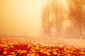 Wall Mural - Autumn landscape with trees and fallen leaves on the ground, bathed in a warm, golden fog