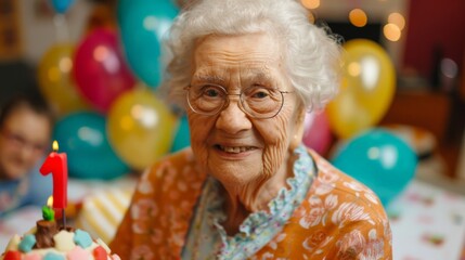 An elderly woman smiling and holding a vibrant birthday cake with a candle, celebrating a special occasion with colorful balloons and festive decorations, joyful ambiance.