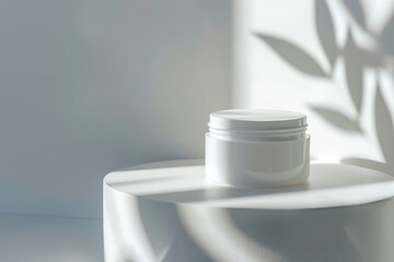Aufkleber - This image features a white jar placed atop a minimalist white pedestal, with a soft and shadowy leaf pattern in the background creating an elegant visual effect.
