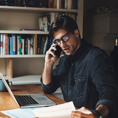 Poster - Businessman, phone call and laptop with paperwork in home office with legal consultation for loan agreement. Professional, employee and talking with document for mortgage application or remote work