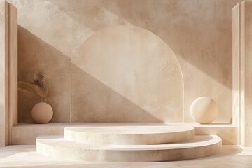 Poster - Round empty beige concrete podium displaying cosmetics and skincare products with palm leaf and arch wall in background